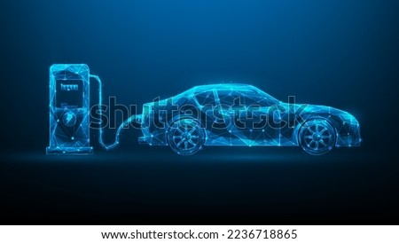 electric car charger station digital technology. vehicle charging low poly wireframe. vector illustration in fantastic technology. consist of lines,dots and triangle.ev car concept on blue background.