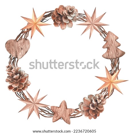 Christmas wreath with dry twigs, pine cones and decorations. Watercolor illustration isolated on white background.