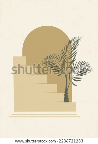Modern abstract stairs and palm illustration. Bohemian style wall decor.