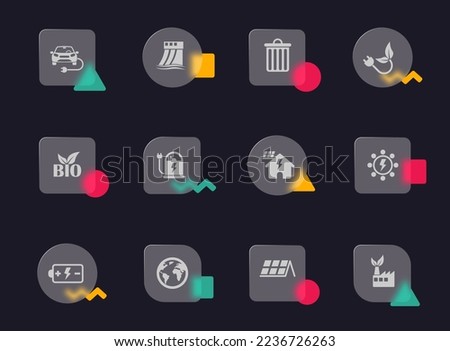 ecology glass morphism trendy style icons. ecology transparent glass vector icons with color memphis figures. for web and ui design, mobile apps and promo business advertising