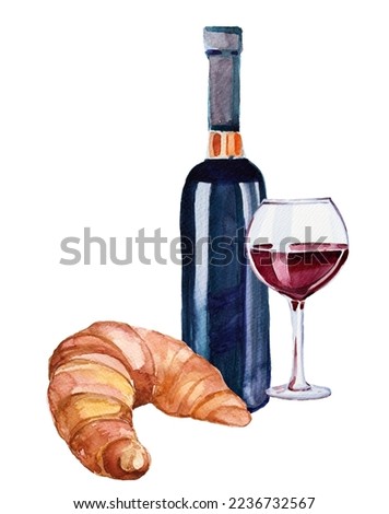 A bottle of red wine,Glass of vine and grapes and croissant. Watercolor alcohol drink painting. Vineyard concept illustration. French drink card themed clipart isolated on white.