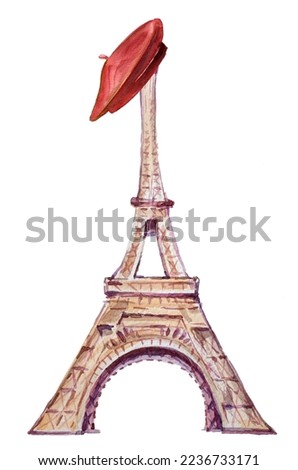 Watercolor hand painted Eiffel Tower with beret in Paris,France. French architecture illustration,France tourist destination design.French product theme watercolor painting.