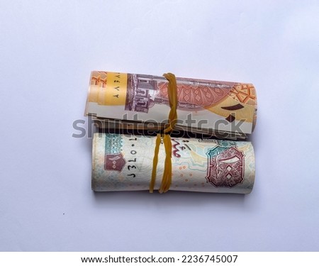 Egyptian pound banknotes isolated on white background, Egyptian pound banknotes wrapped with rubber bands of 100 pounds, 10 pounds, selective focus
