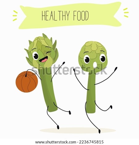 Illustration with funny artichoke character. Funny and healthy food. Vitamins contained in the artichoke. Food with a cute face. Vector cartoon.