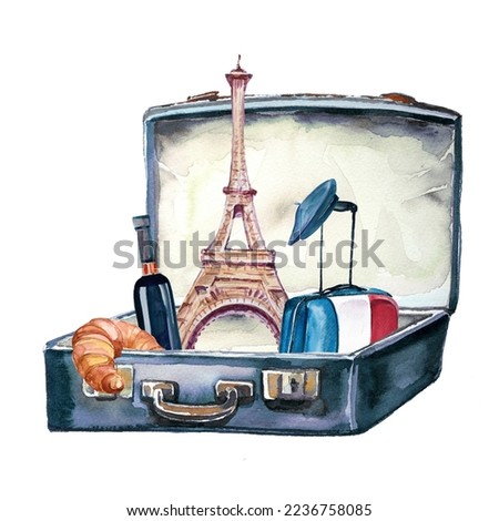 Suitcase with Paris themed items.Watercolor hand painted Eiffel Tower with beret in Paris,France. French architecture illustration,France tourist destination design.French product theme artwork.