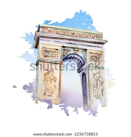 Watercolor hand painted Triumphal Arch in Paris,France. French architecture illustration,France tourist destination design.French product theme watercolor painting.