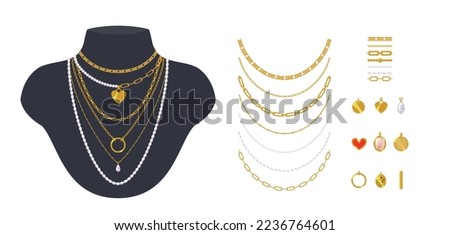Set of trendy minimalistic necklaces, chains, and beads with gold pendants. Jewelry displayed on black mannequin busts. Vector cartoon objects for fashion and beauty design. Brushes samples included