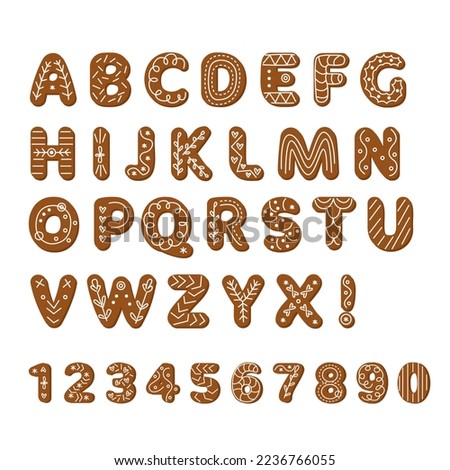 Gingerbread alphabet and cute traditional holiday cookies. Sugar coated letters and numbers.