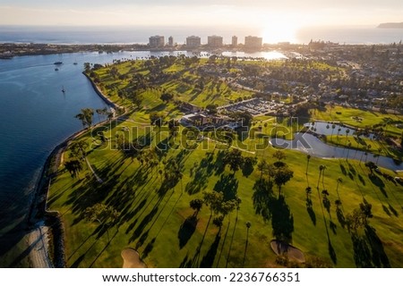 Aerial of Coronado Golf course during sunset with a view of Coronado beach and Pacific ocean Royalty-Free Stock Photo #2236766351