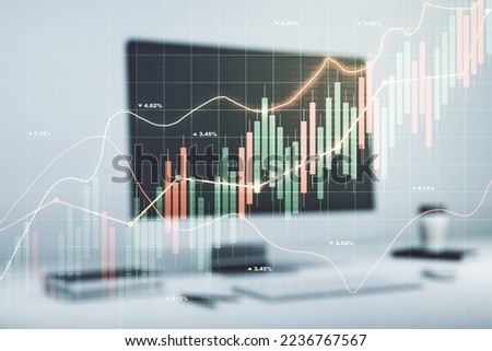 Multi exposure of abstract financial diagram on computer background, banking and accounting concept