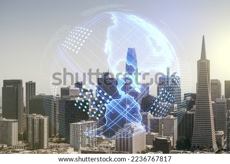 Virtual digital map of North America on San Francisco skyline background, international trading concept. Multiexposure
