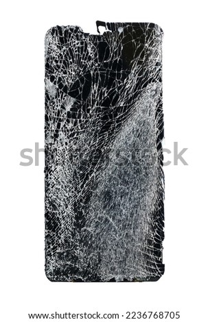 cracked screen phone isolated on white background, broken screen isolated on a white background, broken glass - white lines on black background , top view