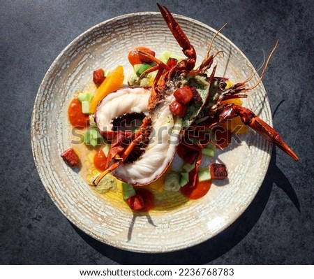 Roasted Marron, lobster with diced salad. Caught in Denmark, western Australia. Black background on a light textured plate Royalty-Free Stock Photo #2236768783
