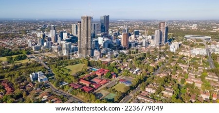 Panoramic aerial drone view of Parramatta CBD in Greater Western Sydney, NSW, Australia showing development of the city as at December 2022 Royalty-Free Stock Photo #2236779049