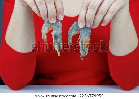 A girl in a red sweater holds two tiger shrimps in her hands. Seafood.