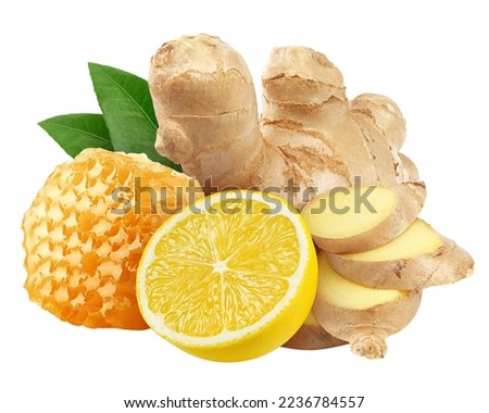 Ginger, Lemon, Honey isolated on white background, clipping path, full depth of field