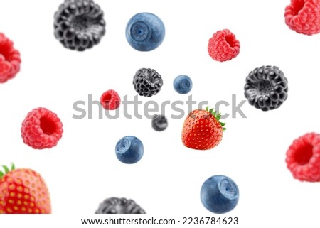 Falling wild berries mix, strawberry, raspberry, blueberry, blackberry, isolated on white background, selective focus Royalty-Free Stock Photo #2236784623