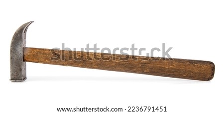 Old hammer isolated on white background. Detail for design. Design elements. Macro. Full focus. Background for business cards, postcards and posters.