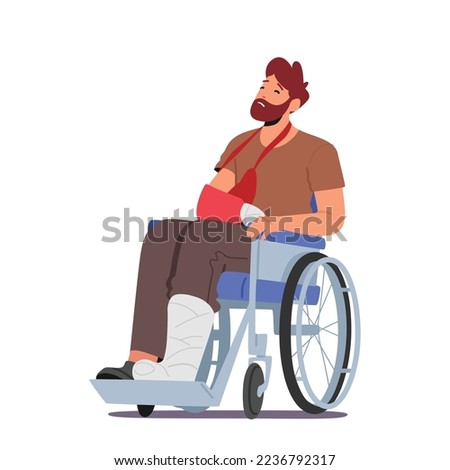 Unhappy Man with Leg Fracture Sitting on Wheelchair Suffer of Pain Isolated on White Background. Injured Patient Character with Broken Foot in Hospital. Cartoon People Vector Illustration Royalty-Free Stock Photo #2236792317