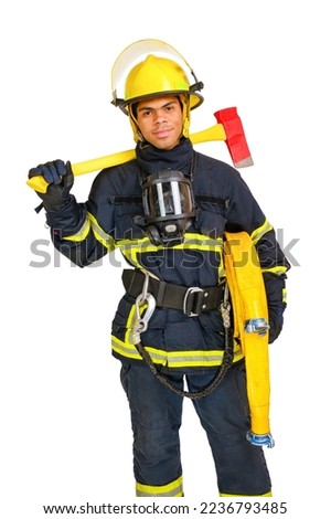 Young African American fireman in uniform and helmet holds fire hose and axe in hands and looking at camera isolated on white background, vertical orientation 