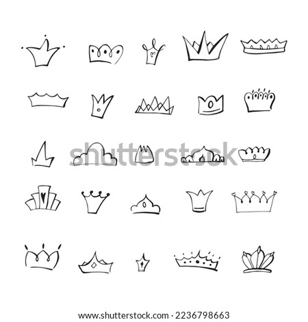 Black and white different doodle crowns collection. Line art king or queen crown sketch, tiara, beautiful diadem and luxurious. Royal head accessories collection. Vector illustration set