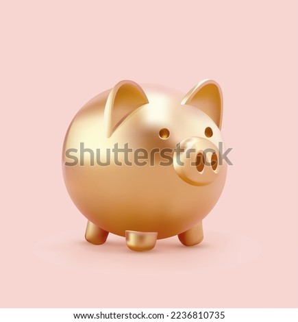 Vector golden piggy bank 3d render on pink background. Glossy realistic piggy bank, digital art. Royalty-Free Stock Photo #2236810735