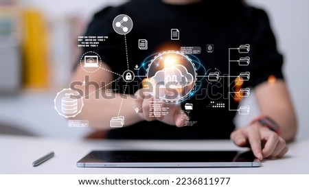 Cloud Computer technology and storage online for computer business network ideas connected to Internet server services for cloud transfer shown in the future Network of Data. Royalty-Free Stock Photo #2236811977