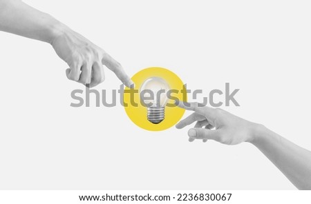 Digital collage, Hand reaching to glowing light bulb. Ideas, power, and energy concept Royalty-Free Stock Photo #2236830067
