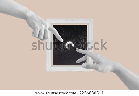 Digital collage modern art. Hands pointing finger, with loading icon