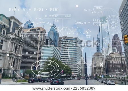 Summer day time cityscape of Philadelphia financial downtown, Pennsylvania, USA. City Hall neighborhood. Technologies and education concept. Academic research, top ranking universities, hologram