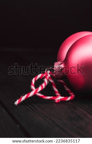 Christmas New Year decoration composition. Top view of fur-tree branches and balls frame on wooden background with place for your text. close up. Fresh classic 2023 in blue. Color concept of the year