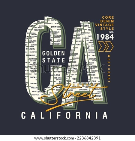 california golden state t-shirt graphic design with abstact lettering city, print, typography, label, badge, emblem. vector illustration.
