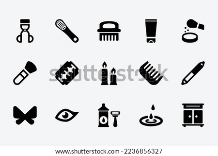 beauty icon set, lipstick, perfume, eyebrow pencil, mask, comb, scissors, serum, beauty table. Editable design in black and white background.