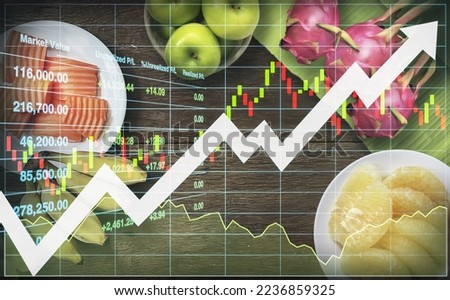 Stock financial growth index on argricultural industry with fresh organic papaya, bananas, apple, pomelo and dragon fruit on wooden table for business background.

