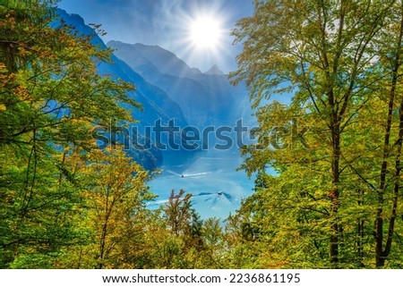 Forest window with view on lake near Schoenau am Koenigssee, Konigsee, Berchtesgaden National Park, Bavaria, Germany. Royalty-Free Stock Photo #2236861195