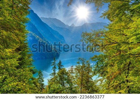 Forest window with view on lake near Schoenau am Koenigssee, Konigsee, Berchtesgaden National Park, Bavaria, Germany. Royalty-Free Stock Photo #2236863377