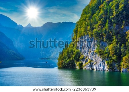 Lake with Alp mountains in Schoenau am Koenigssee, Konigsee, Berchtesgaden National Park, Bavaria, Germany. Royalty-Free Stock Photo #2236863939