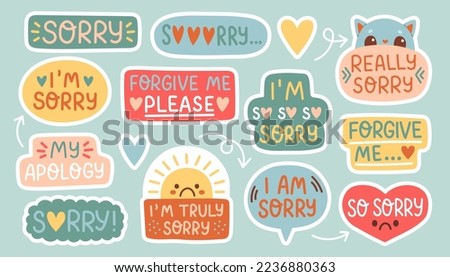 Sorry stickers set, apologize quotes vector collection. Set of hand drawn vector illustrations on white background. Royalty-Free Stock Photo #2236880363