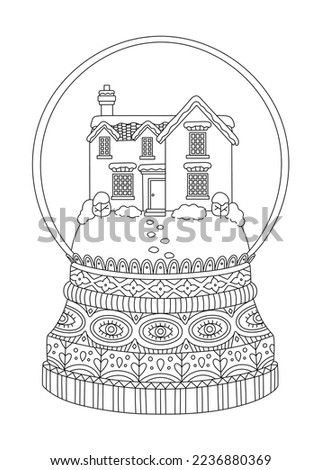Snow globe coloring page outline design, Christmas ball isolated on white background. Vector glass snowball line shape
