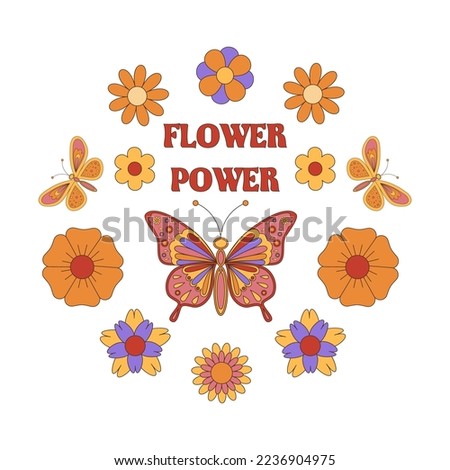 Groovy hippie 70s poster. Funny cartoon  butterfly, daisies, etc. Vector greeting card in a trendy retro psychedelic cartoon style. Vector background. FLOWER POWER.