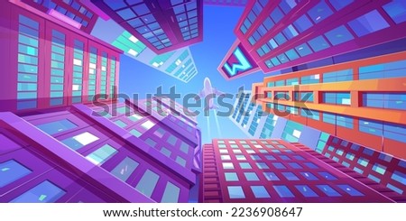 Airplane flying over skyscrapers low angle view against blue sky reflects in glass windows of city towers. Plane above high buildings upwards, highrise urban architecture, Cartoon vector illustration Royalty-Free Stock Photo #2236908647