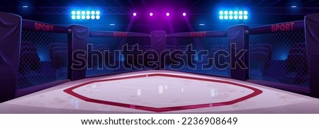 Ring octagon, arena for boxing fight and MMA championship competitions. Cartoon background with stage surrounded with chainlink fence, spotlights and empty spectator seats, Vector illustration Royalty-Free Stock Photo #2236908649