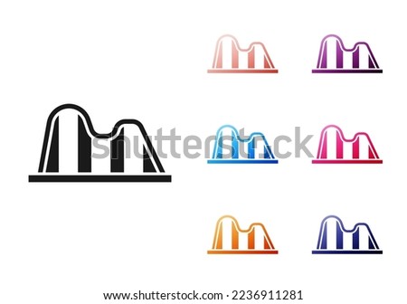 Black Roller coaster icon isolated on white background. Amusement park. Childrens entertainment playground, recreation park. Set icons colorful. Vector Royalty-Free Stock Photo #2236911281