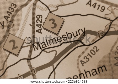 Malmesbury, United Kingdom atlas map town name - sepia