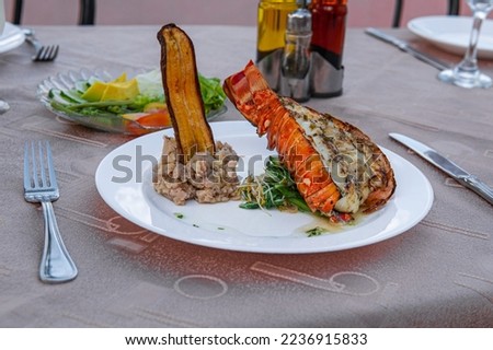 picture of grilled lobster with fresh tomato and cucumber on white plate, rice and a cocktail glass on the tablecloth.