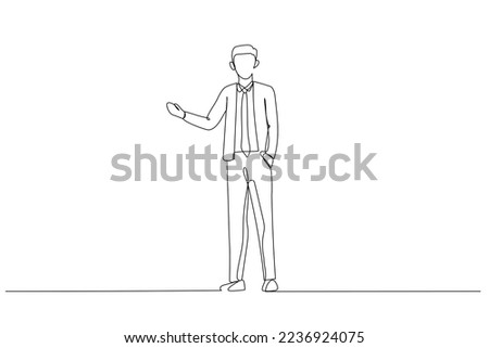 Illustration of businessman which holding invisible copyspace on the pound and looking at camera. Single continuous line art style

