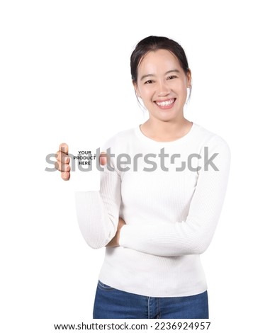 Asian woman showing blank area for products present  isolated on white background.