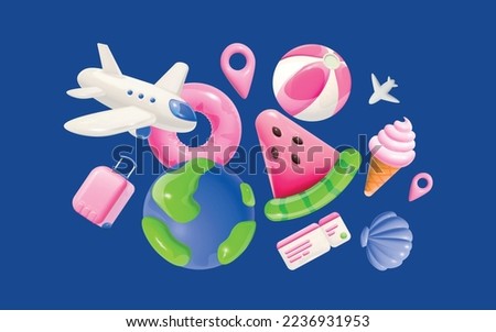 Travel abstract background with plane suitcase globe tickets lifebuoy volleyball ball ice cream seashell cartoon icons vector illustration