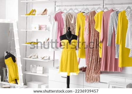 Beautiful elegant female clothes in dressing room