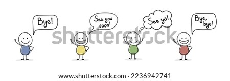 Happy cartoon people with text - bye, see ya, see you soon. Vector Royalty-Free Stock Photo #2236942741